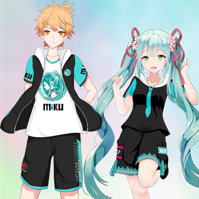 Anime Vocaloid Hatsune Miku Zipper Hooded Short-sleeved Hoodies Costumes Cosplay Casual Narmcore Hooded Sweater Miku Pants