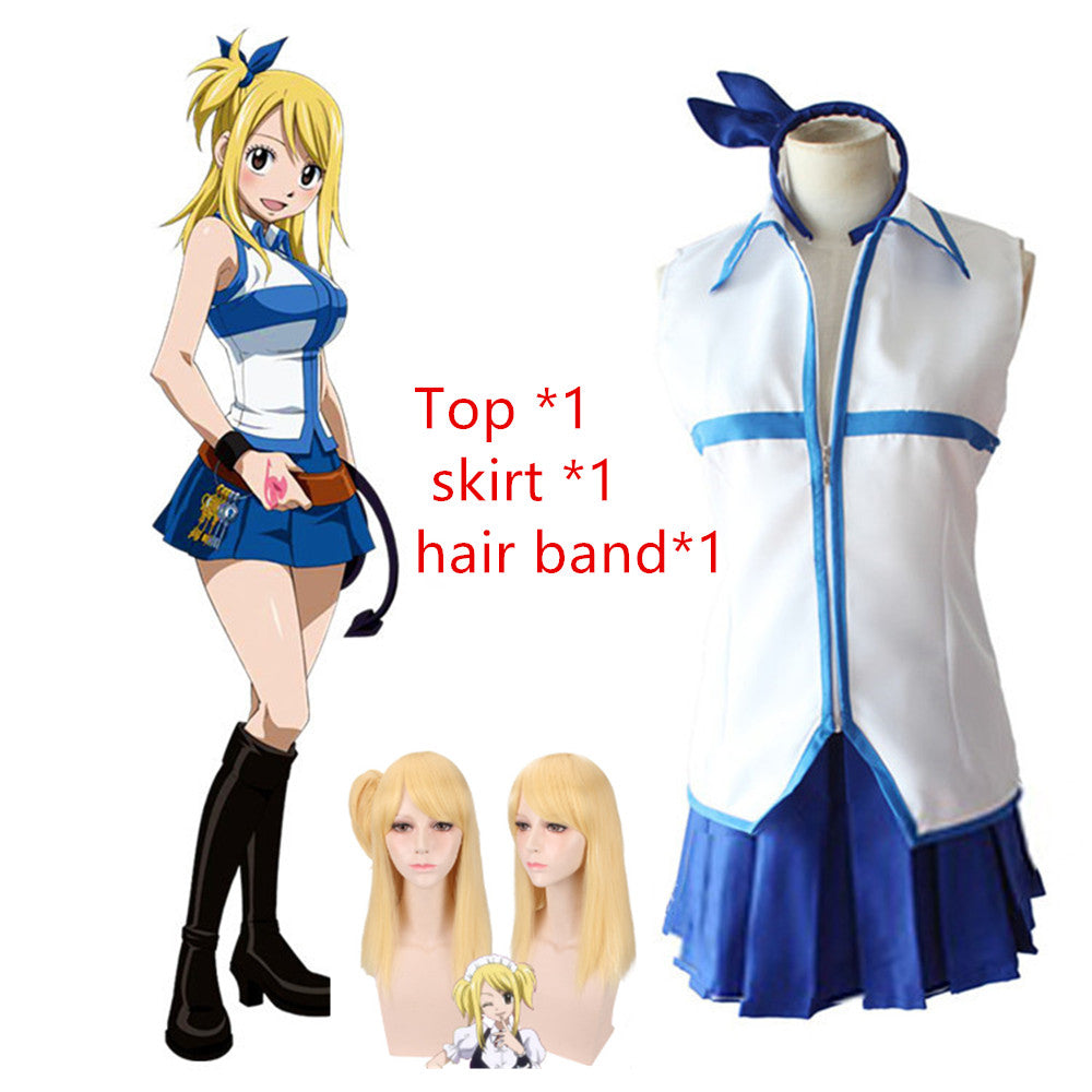 Halloween Party Dress Cosplay Costume Anime Fairy Tail Cosplay Women Girl School Uniforms Fantasia Lucy Heartfilia Costume wig